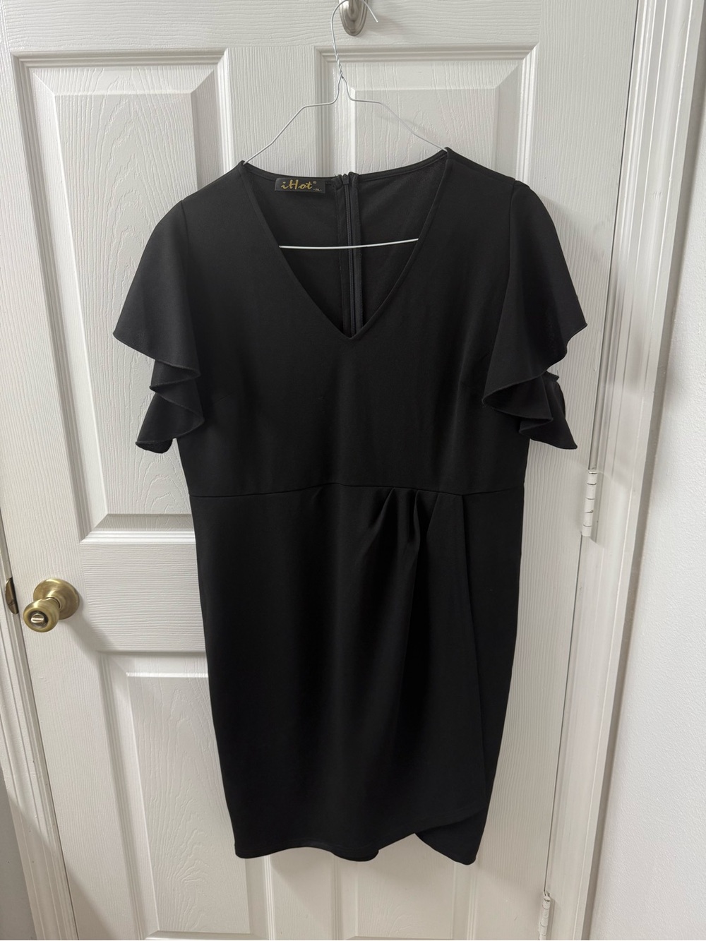 Elegant Black V-Neck Ruffle Sleeve Midi Dress